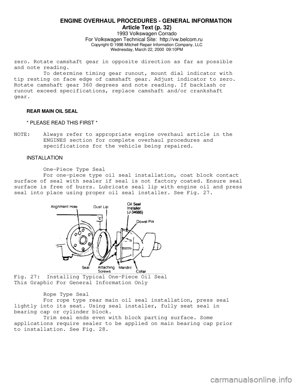 VOLKSWAGEN CORRADO 1993  Repair Manual ENGINE OVERHAUL PROCEDURES - GENERAL INFORMATION 
Article Text (p. 32)
1993 Volkswagen Corrado
For Volkswagen Technical Site:  http://vw.belcom.ru    
Copyright © 1998 Mitchell Repair Information Com