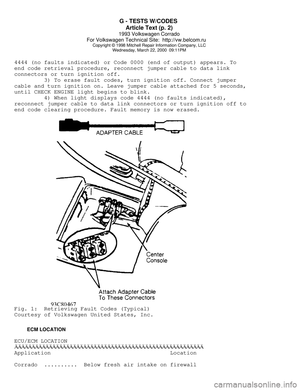 VOLKSWAGEN CORRADO 1993  Repair Manual G - TESTS W/CODES 
Article Text (p. 2)
1993 Volkswagen Corrado
For Volkswagen Technical Site:  http://vw.belcom.ru    
Copyright © 1998 Mitchell Repair Information Company, LLC
Wednesday, March 22, 2