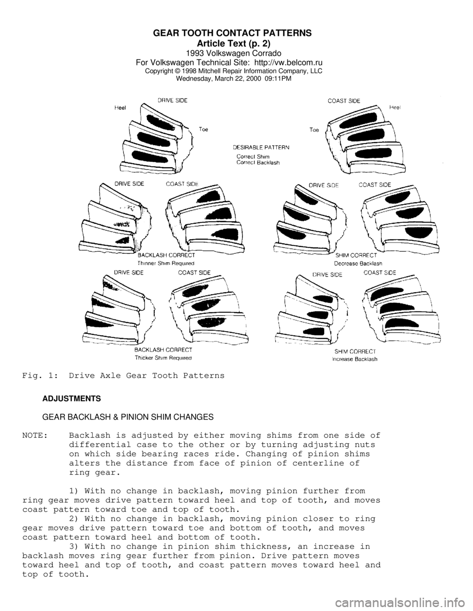 VOLKSWAGEN CORRADO 1993  Repair Manual GEAR TOOTH CONTACT PATTERNS 
Article Text (p. 2)
1993 Volkswagen Corrado
For Volkswagen Technical Site:  http://vw.belcom.ru    
Copyright © 1998 Mitchell Repair Information Company, LLC
Wednesday, M