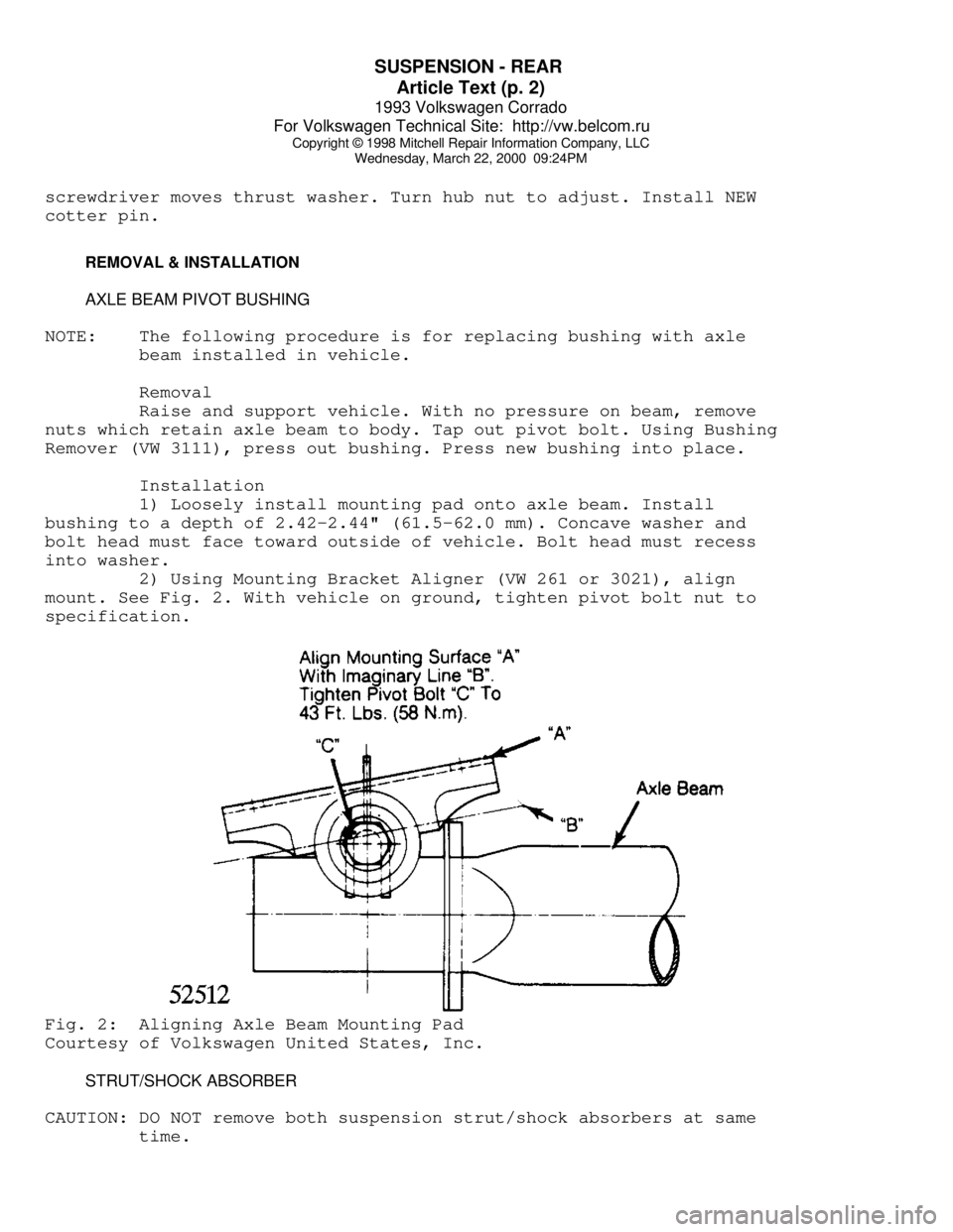 VOLKSWAGEN CORRADO 1993  Repair Manual SUSPENSION - REAR 
Article Text (p. 2)
1993 Volkswagen Corrado
For Volkswagen Technical Site:  http://vw.belcom.ru    
Copyright © 1998 Mitchell Repair Information Company, LLC
Wednesday, March 22, 2
