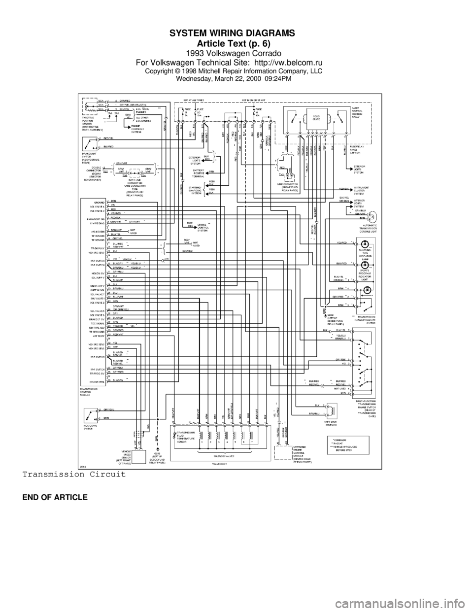 VOLKSWAGEN CORRADO 1993  Repair Manual SYSTEM WIRING DIAGRAMS 
Article Text (p. 6)
1993 Volkswagen Corrado
For Volkswagen Technical Site:  http://vw.belcom.ru    
Copyright © 1998 Mitchell Repair Information Company, LLC
Wednesday, March 