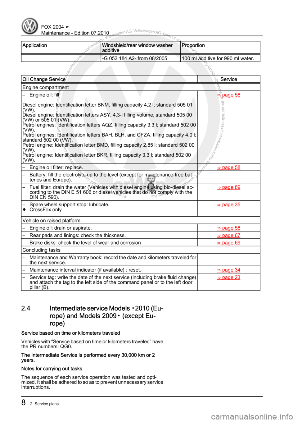 VOLKSWAGEN FOX 2004  Service Manual Protected by copyright. Copying for private or commercial purposes, in partor in whole, is not permitted unless authorised by Volkswagen AG. Volkswagen AG does notguarantee or accept any liability wit
