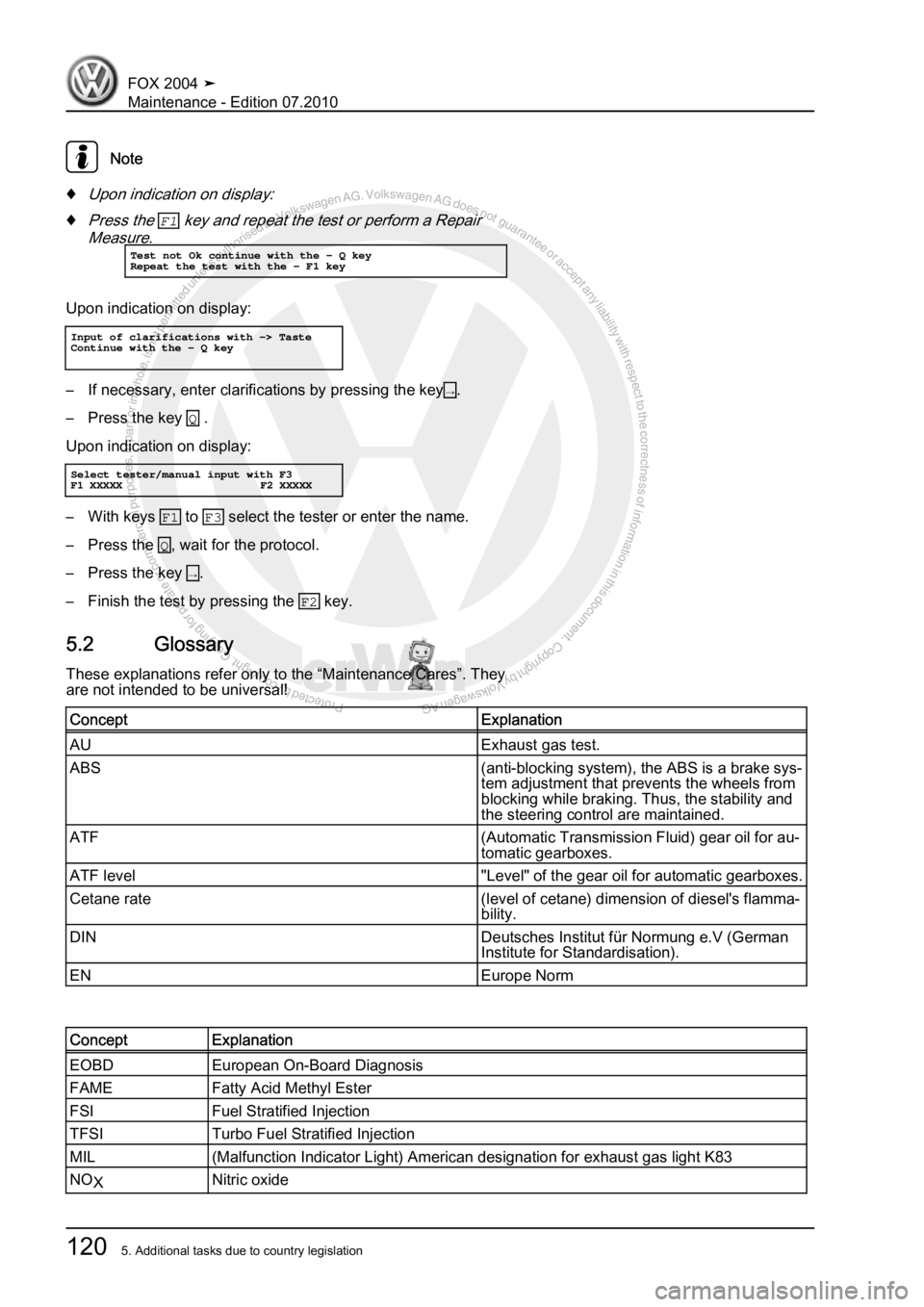VOLKSWAGEN FOX 2004  Service Manual Protected by copyright. Copying for private or commercial purposes, in partor in whole, is not permitted unless authorised by Volkswagen AG. Volkswagen AG does notguarantee or accept any liability wit