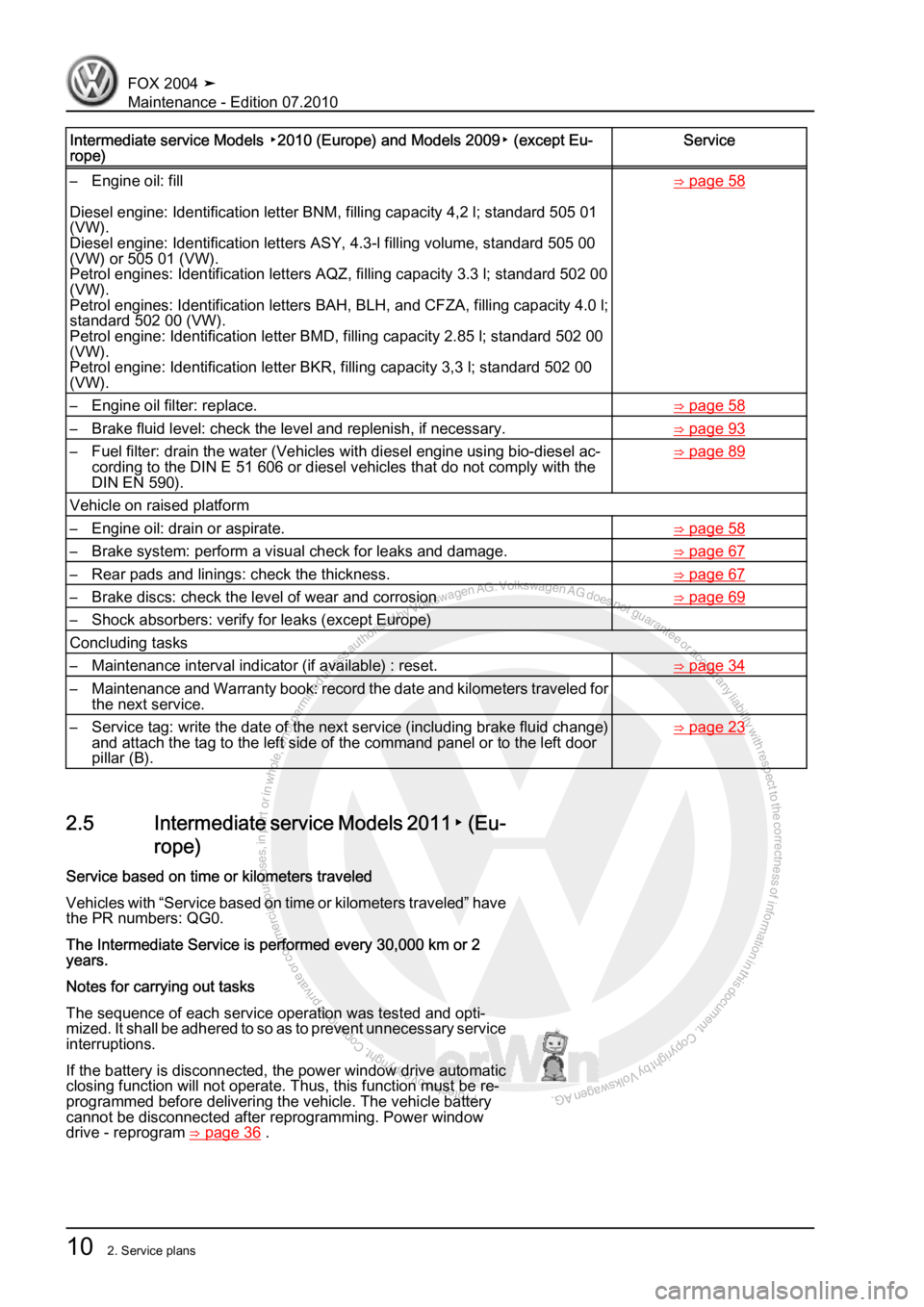 VOLKSWAGEN FOX 2004  Service Manual Protected by copyright. Copying for private or commercial purposes, in partor in whole, is not permitted unless authorised by Volkswagen AG. Volkswagen AG does notguarantee or accept any liability wit