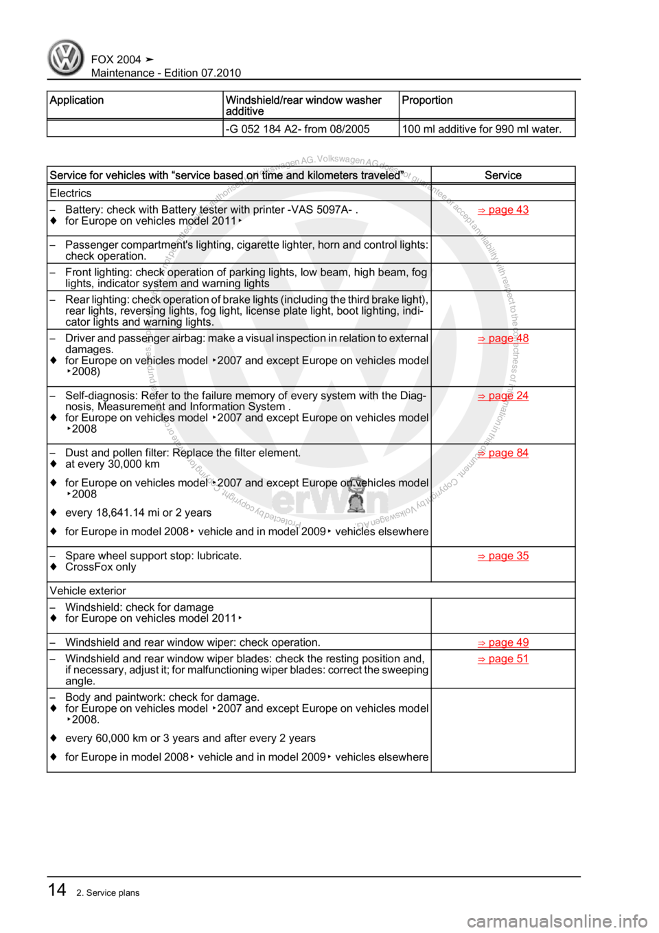 VOLKSWAGEN FOX 2004  Service Manual Protected by copyright. Copying for private or commercial purposes, in partor in whole, is not permitted unless authorised by Volkswagen AG. Volkswagen AG does notguarantee or accept any liability wit