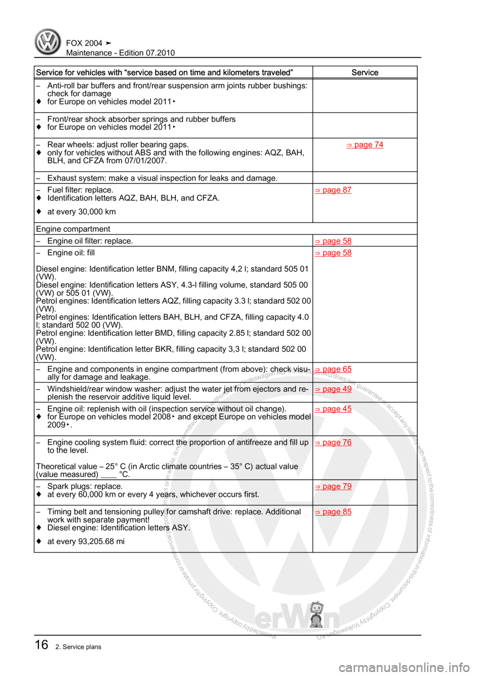 VOLKSWAGEN FOX 2004  Service Manual Protected by copyright. Copying for private or commercial purposes, in partor in whole, is not permitted unless authorised by Volkswagen AG. Volkswagen AG does notguarantee or accept any liability wit