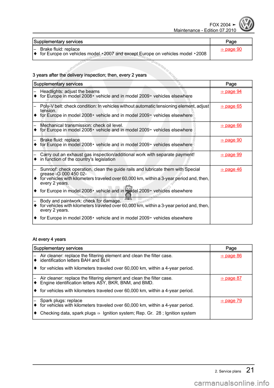 VOLKSWAGEN FOX 2004  Service Manual Protected by copyright. Copying for private or commercial purposes, in partor in whole, is not permitted unless authorised by Volkswagen AG. Volkswagen AG does notguarantee or accept any liability wit