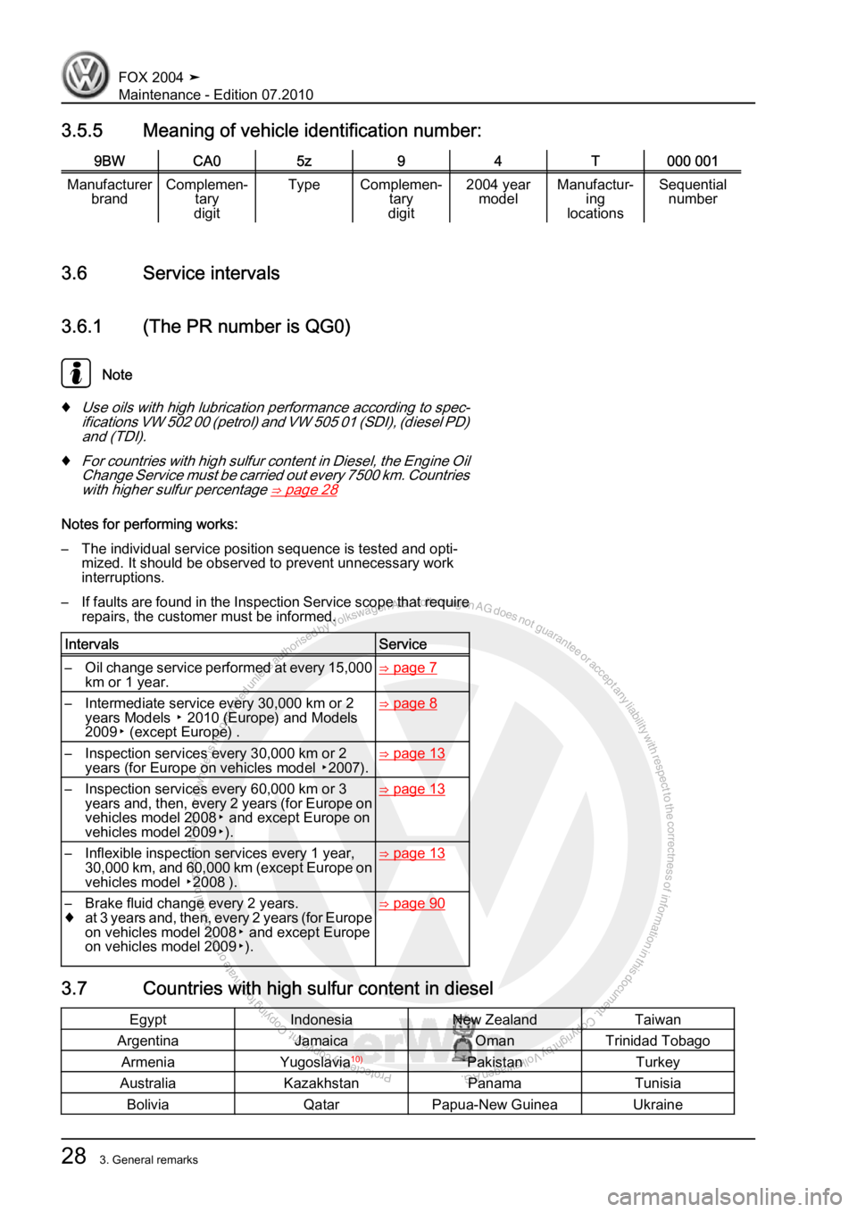 VOLKSWAGEN FOX 2004  Service Manual Protected by copyright. Copying for private or commercial purposes, in partor in whole, is not permitted unless authorised by Volkswagen AG. Volkswagen AG does notguarantee or accept any liability wit