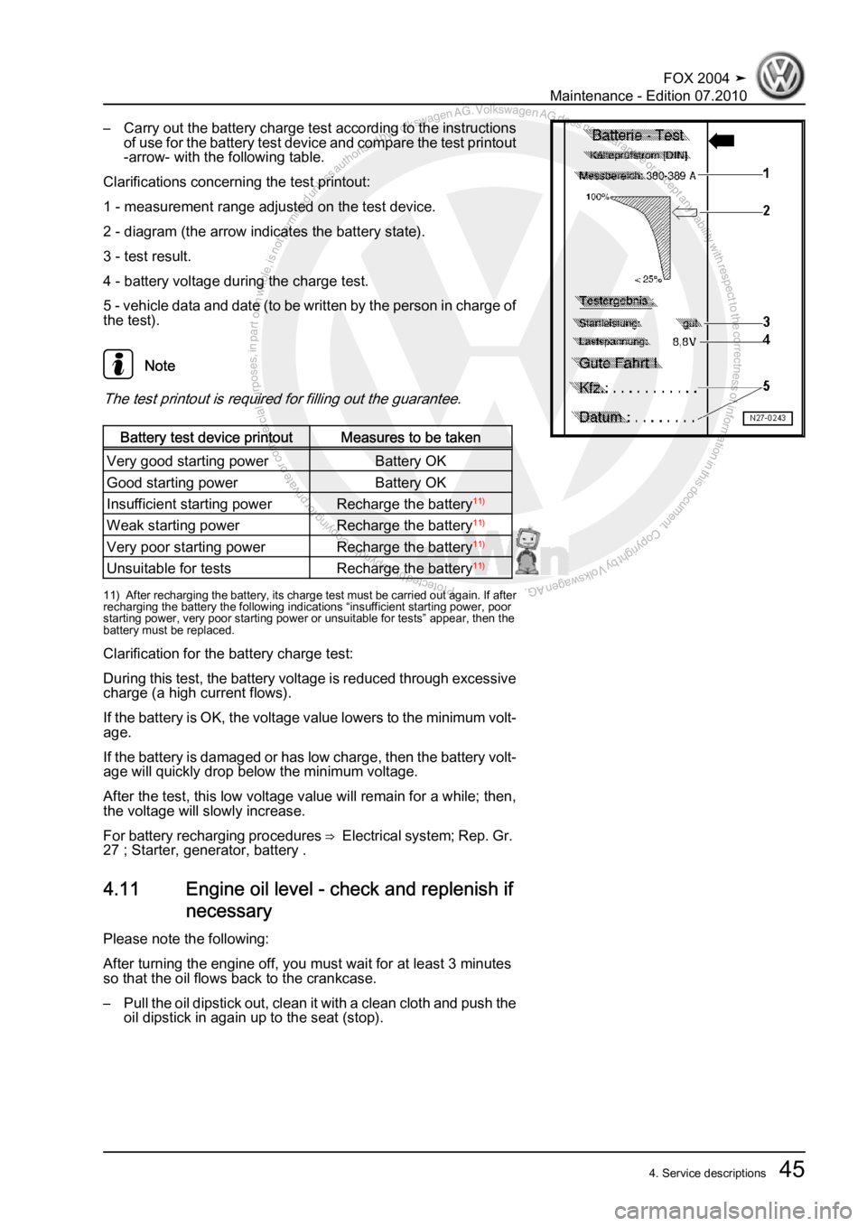 VOLKSWAGEN FOX 2004  Service Manual Protected by copyright. Copying for private or commercial purposes, in partor in whole, is not permitted unless authorised by Volkswagen AG. Volkswagen AG does notguarantee or accept any liability wit
