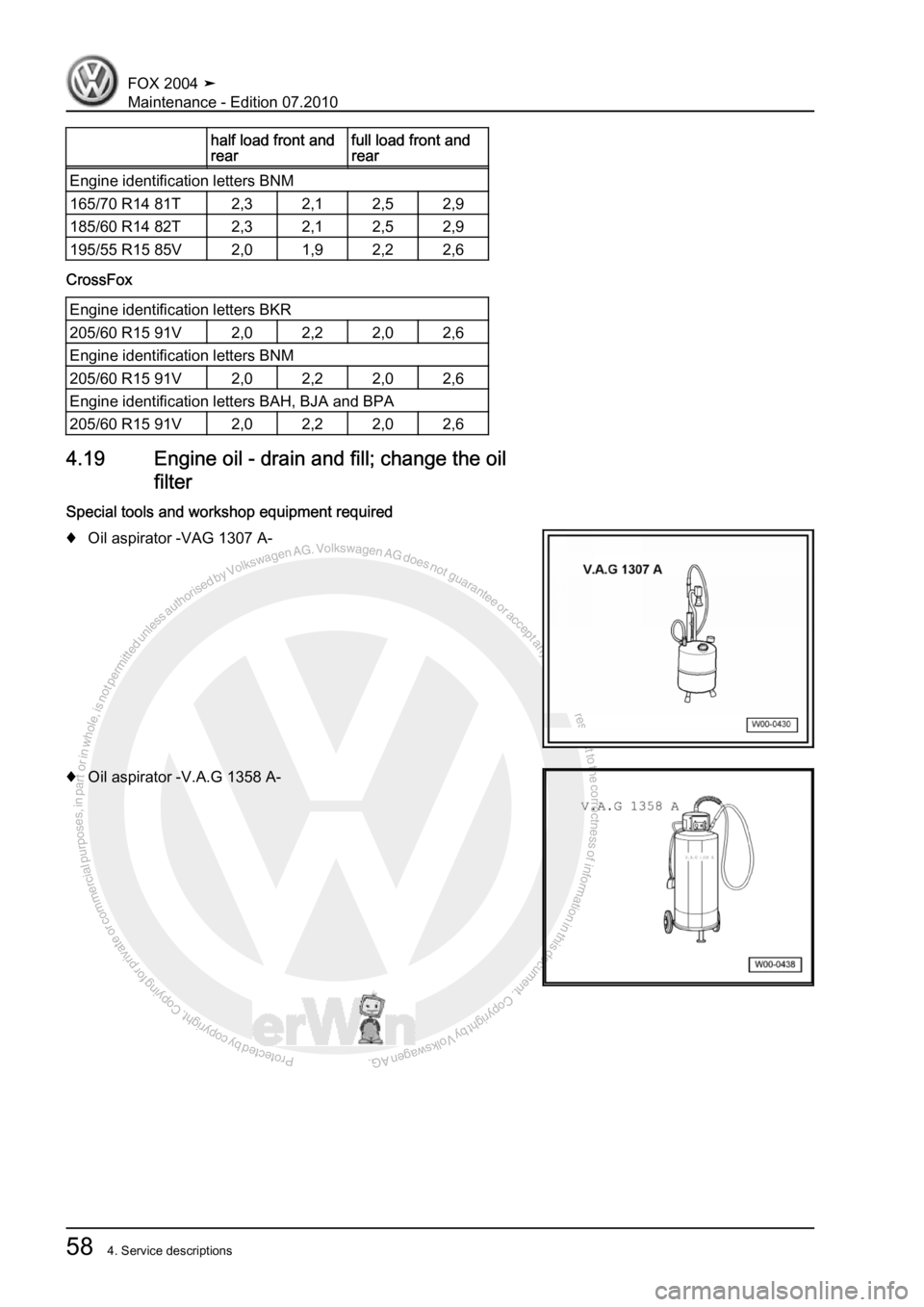 VOLKSWAGEN FOX 2004  Service Manual Protected by copyright. Copying for private or commercial purposes, in partor in whole, is not permitted unless authorised by Volkswagen AG. Volkswagen AG does notguarantee or accept any liability wit