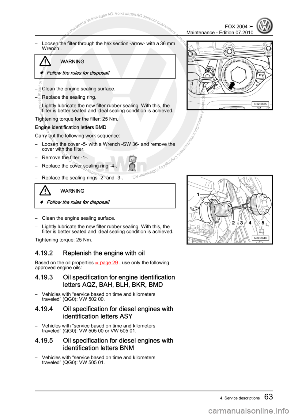 VOLKSWAGEN FOX 2004  Service Manual Protected by copyright. Copying for private or commercial purposes, in partor in whole, is not permitted unless authorised by Volkswagen AG. Volkswagen AG does notguarantee or accept any liability wit