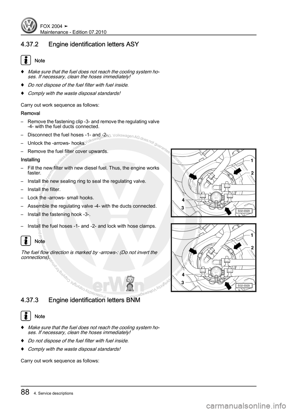 VOLKSWAGEN FOX 2004  Service Manual Protected by copyright. Copying for private or commercial purposes, in partor in whole, is not permitted unless authorised by Volkswagen AG. Volkswagen AG does notguarantee or accept any liability wit