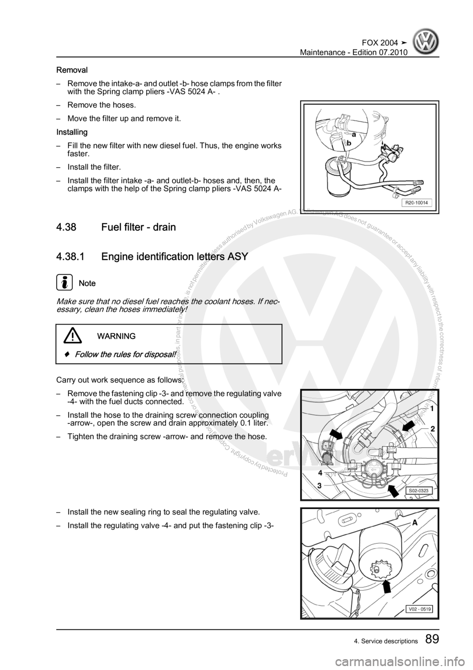 VOLKSWAGEN FOX 2004  Service Manual Protected by copyright. Copying for private or commercial purposes, in partor in whole, is not permitted unless authorised by Volkswagen AG. Volkswagen AG does notguarantee or accept any liability wit