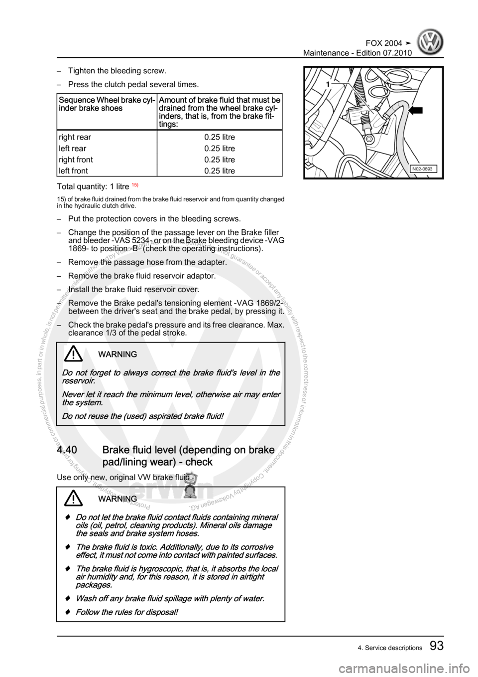 VOLKSWAGEN FOX 2004  Service Manual Protected by copyright. Copying for private or commercial purposes, in partor in whole, is not permitted unless authorised by Volkswagen AG. Volkswagen AG does notguarantee or accept any liability wit
