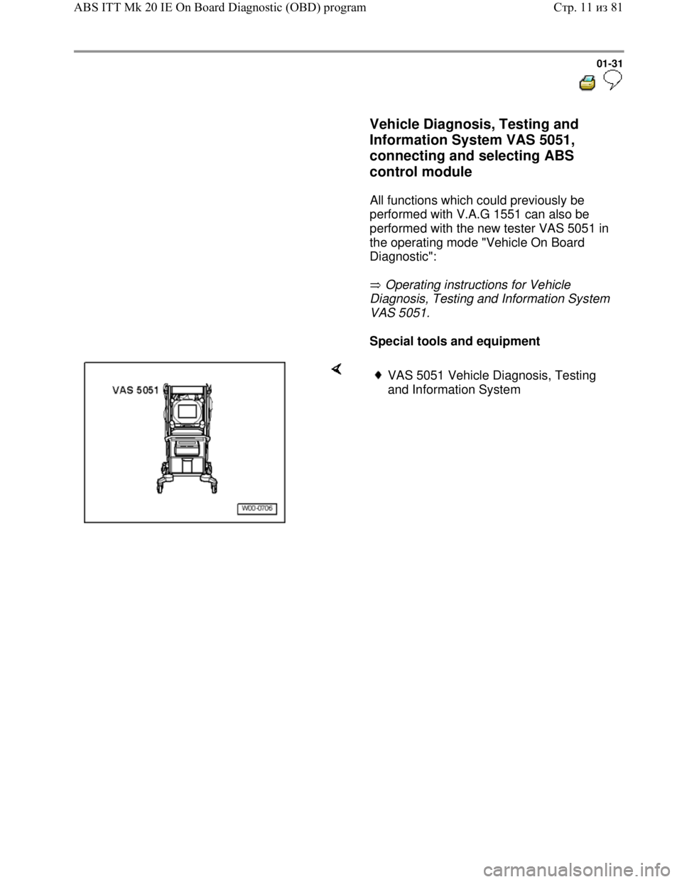 VOLKSWAGEN JETTA 1998  Service Manual Downloaded from www.Manualslib.com manuals search engine 01-31
  
 
     Vehicle Diagnosis, Testing and 
Information System VAS 5051, 
connecting and selecting ABS 
control module 
 
      All functio