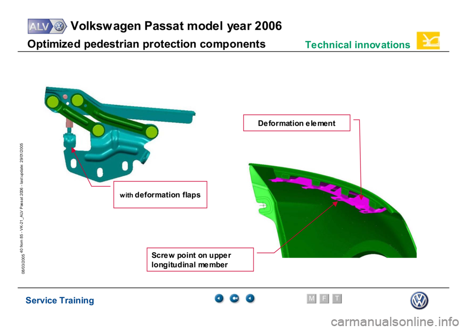 VOLKSWAGEN PASSAT 2006  Service Training Service Training
Volksw agen Passat model year 2006
F
M
T
Te chnical innov ations
40 from 85 - VK-21_ALV Pas s at 2006 - las t update: 29/01/2005
08/03/2005O
p
tim
iz
e
d pedest
rian pr
ot
ect
ion co
