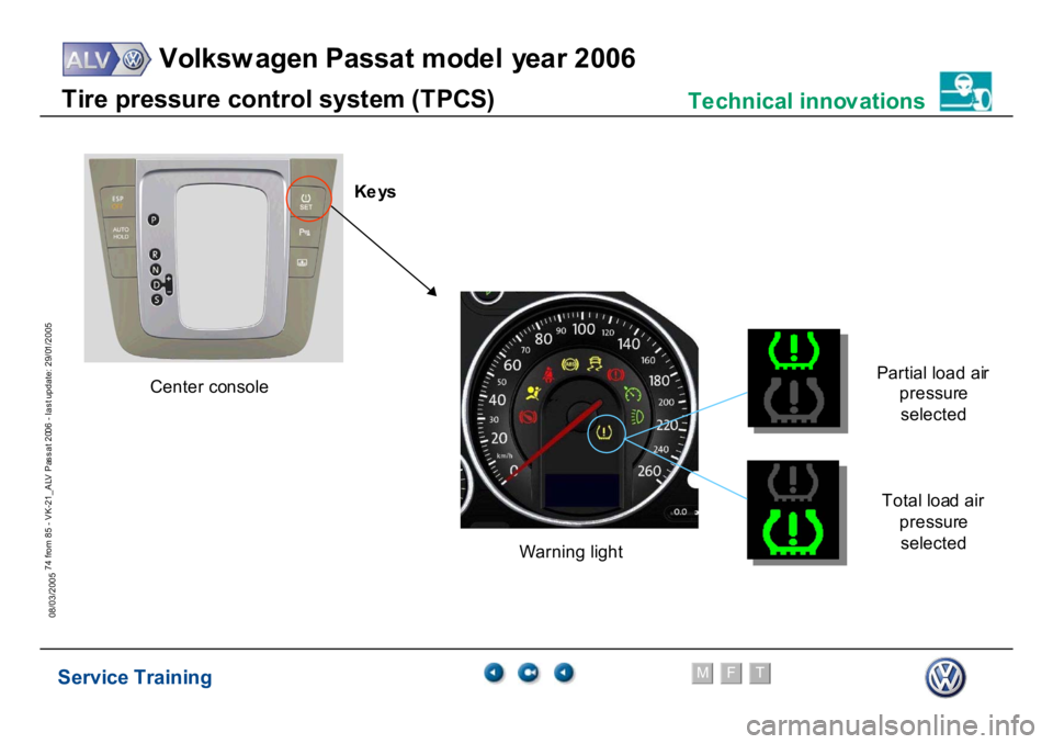 VOLKSWAGEN PASSAT 2006  Service Training Service Training
Volksw agen Passat model year 2006
F
M
T
Te chnical innov ations
74 from 85 - VK-21_ALV Pas s at 2006 - las t update: 29/01/2005
08/03/2005T
ire
 pr
essur
e
 cont
ro
l syst
em
 (
T
P
