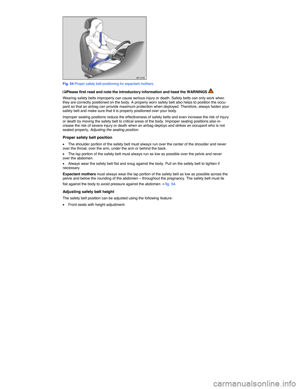 VOLKSWAGEN BEETLE 2014 3.G Owners Manual  
 
Fig. 54 Proper safety belt positioning for expectant mothers. 
�