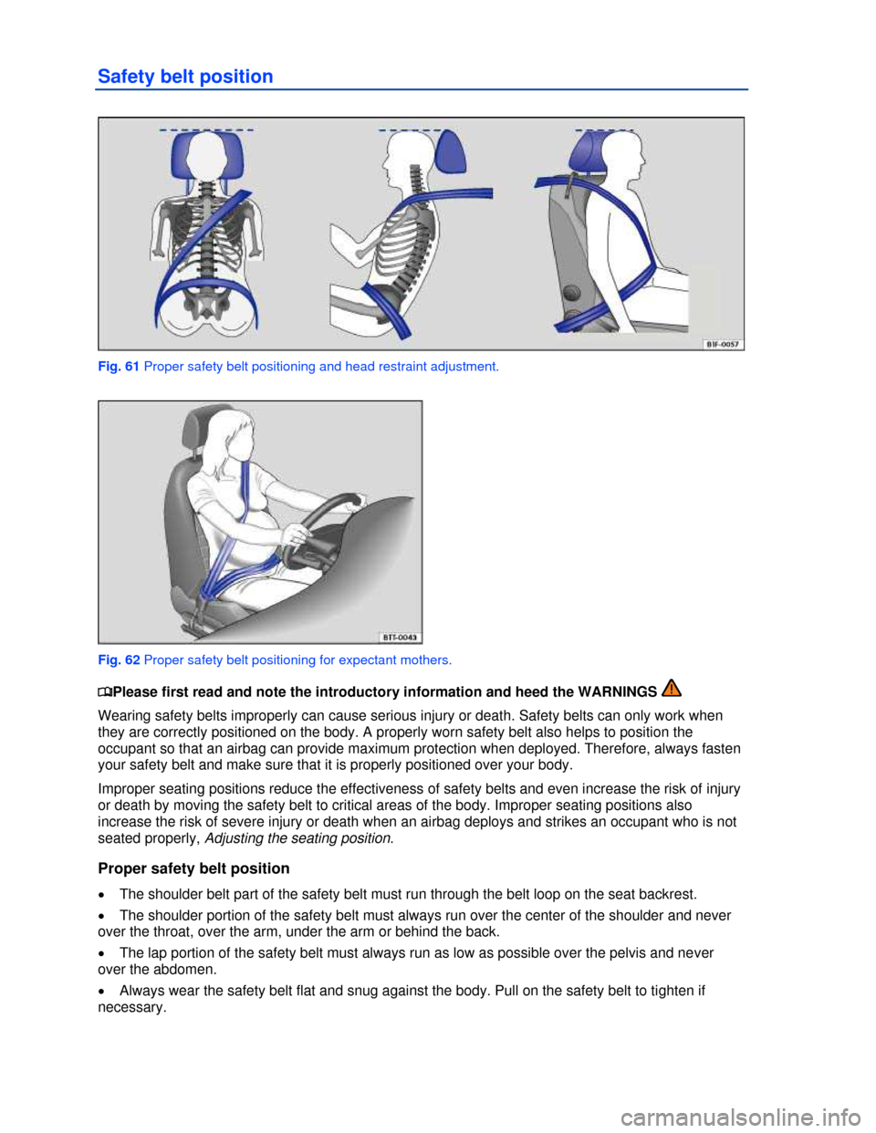 VOLKSWAGEN EOS 2013 1.G Owners Manual  
 
Safety belt position 
 
Fig. 61 Proper safety belt positioning and head restraint adjustment. 
 
Fig. 62 Proper safety belt positioning for expectant mothers. 
�