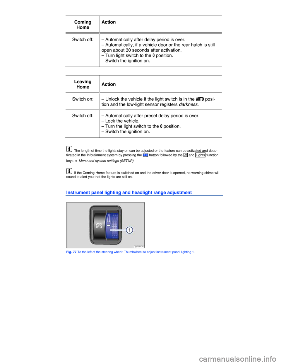 VOLKSWAGEN GOLF SPORTWAGEN 2015 5G / 7.G Owners Manual  
Coming 
Home  
Action  
Switch off:   – Automatically after delay period is over. 
– Automatically, if a vehicle door or the rear hatch is still 
open about 30 seconds after activation. 
– Tur