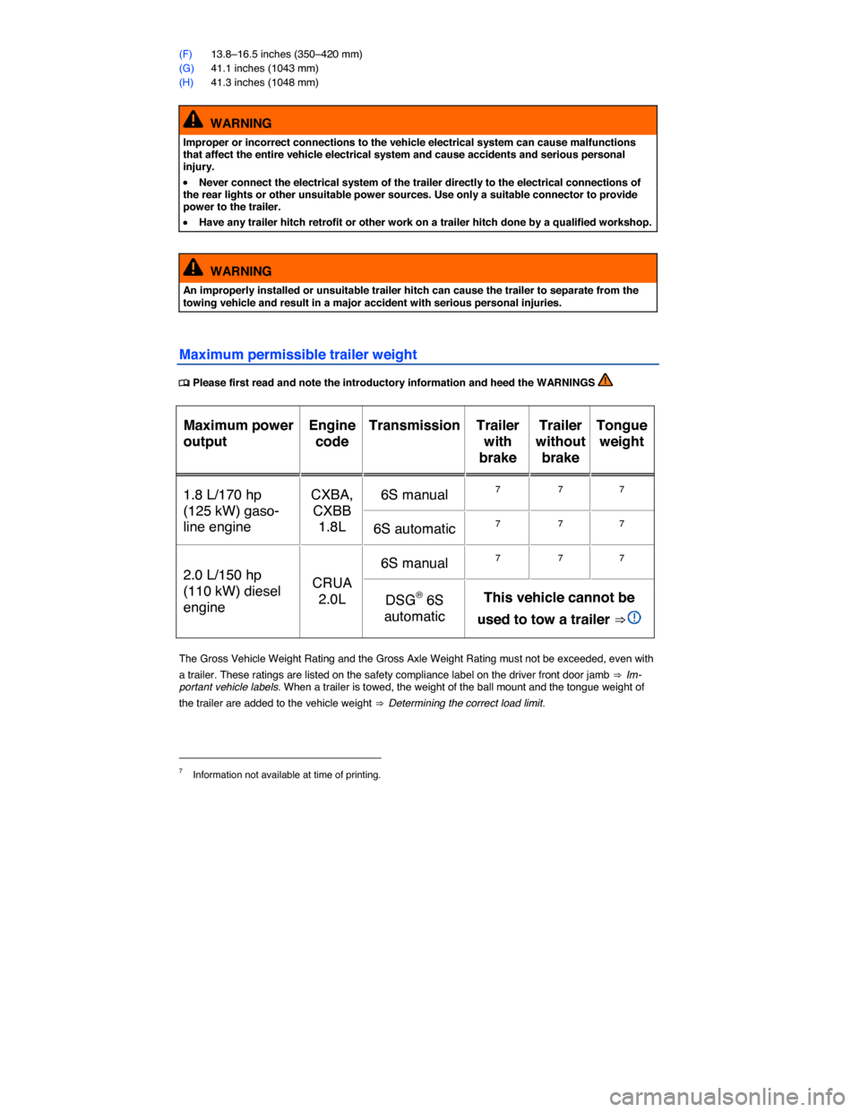 VOLKSWAGEN GOLF SPORTWAGEN 2015 5G / 7.G Owners Manual  
(F) 13.8–16.5 inches (350–420 mm) 
(G) 41.1 inches (1043 mm) 
(H) 41.3 inches (1048 mm) 
  WARNING 
Improper or incorrect connections to the vehicle electrical system can cause malfunctions that