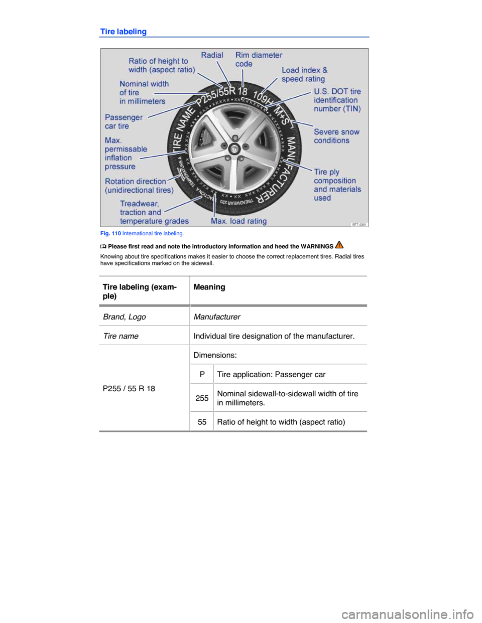 VOLKSWAGEN GOLF SPORTWAGEN 2015 5G / 7.G Owners Manual  
Tire labeling 
 
Fig. 110 International tire labeling. 
 