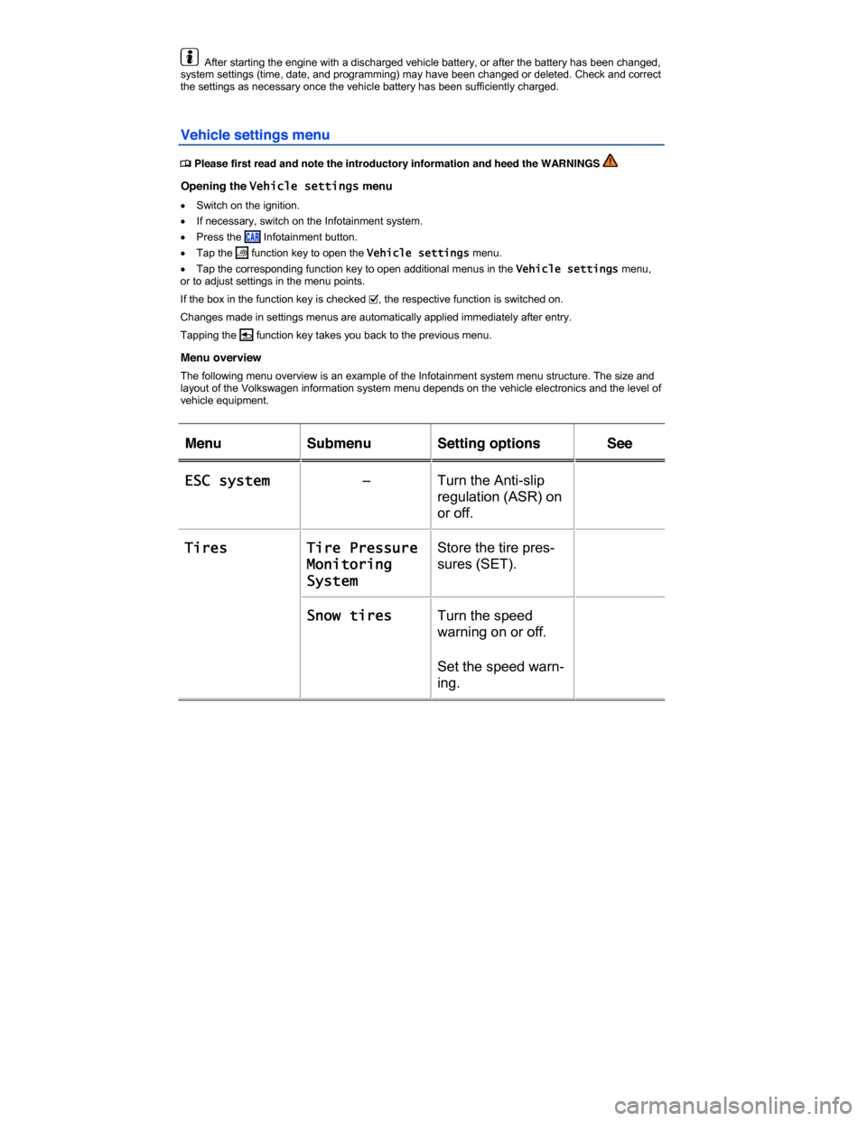 VOLKSWAGEN GOLF SPORTWAGEN 2015 5G / 7.G Owners Manual  
  After starting the engine with a discharged vehicle battery, or after the battery has been changed, system settings (time, date, and programming) may have been changed or deleted. Check and correc