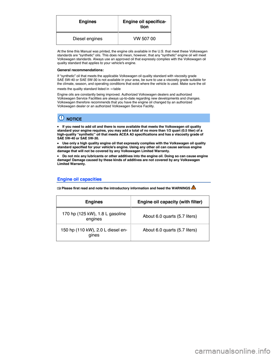 VOLKSWAGEN GOLF SPORTWAGEN 2015 5G / 7.G Owners Manual  
Engines   Engine oil specifica-
tion  
Diesel engines   VW 507 00  
 
At the time this Manual was printed, the engine oils available in the U.S. that meet these Volkswagen standards are “synthetic VOLKSWAGEN GOLF SPORTWAGEN 2015 5G / 7.G Owners Manual  
Engines   Engine oil specifica-
tion  
Diesel engines   VW 507 00  
 
At the time this Manual was printed, the engine oils available in the U.S. that meet these Volkswagen standards are “synthetic