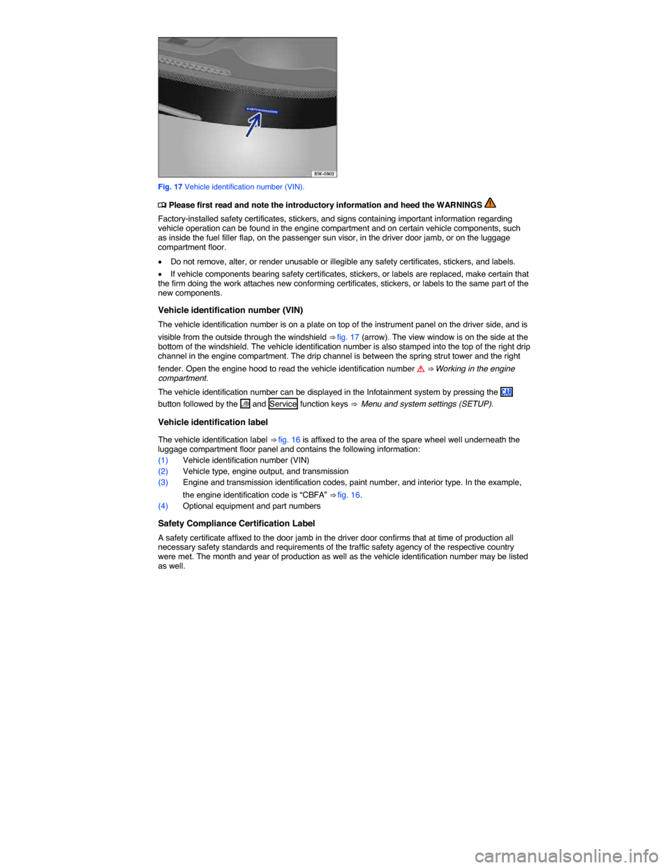 VOLKSWAGEN GOLF SPORTWAGEN 2015 5G / 7.G Owners Manual  
 
Fig. 17 Vehicle identification number (VIN). 
 