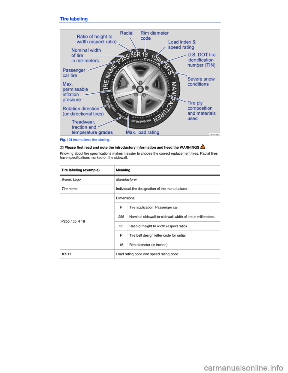 VOLKSWAGEN JETTA 2015 1B / 6.G Owners Manual  
Tire labeling 
 
Fig. 104 International tire labeling. 
�