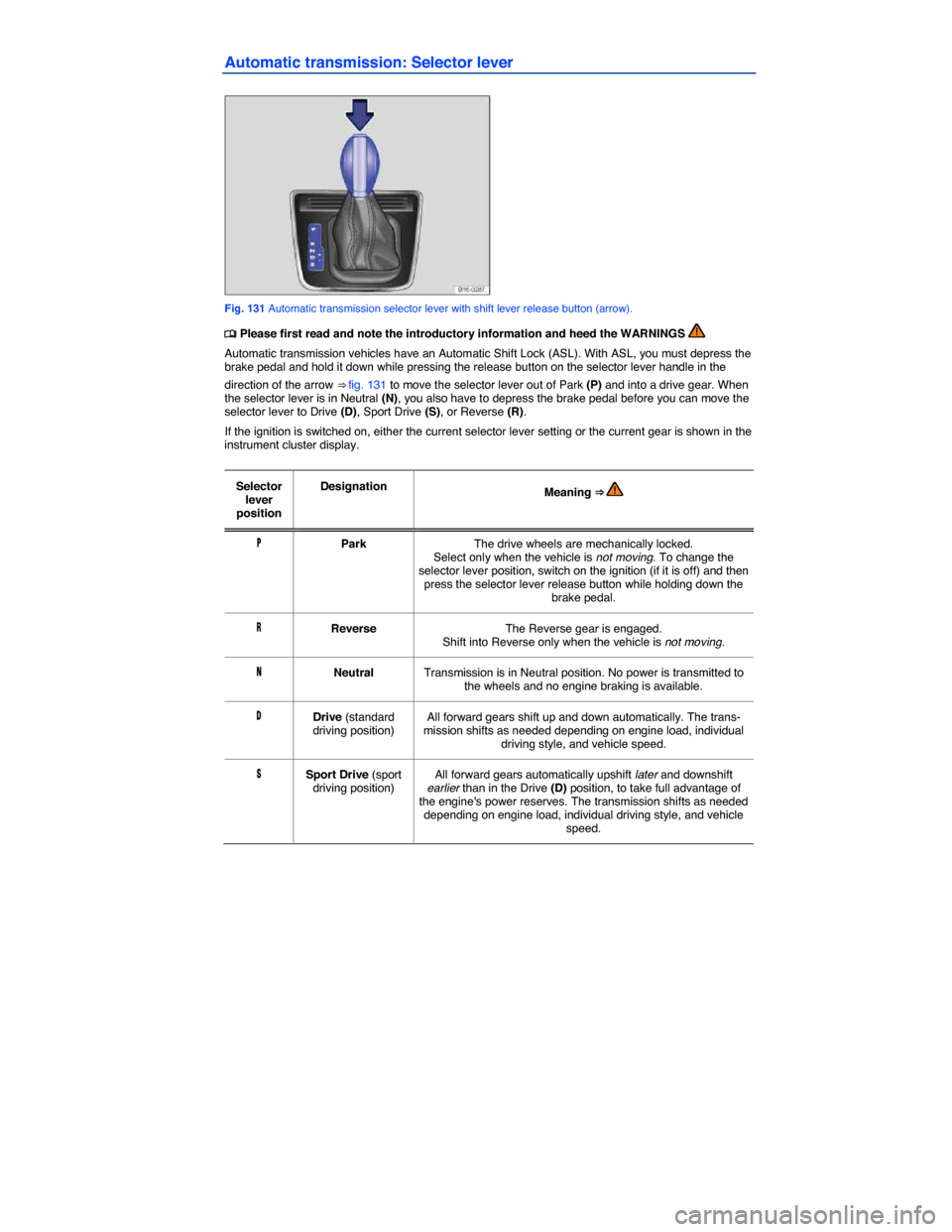 VOLKSWAGEN JETTA 2015 1B / 6.G Owners Manual  
Automatic transmission: Selector lever 
 
Fig. 131 Automatic transmission selector lever with shift lever release button (arrow). 
�