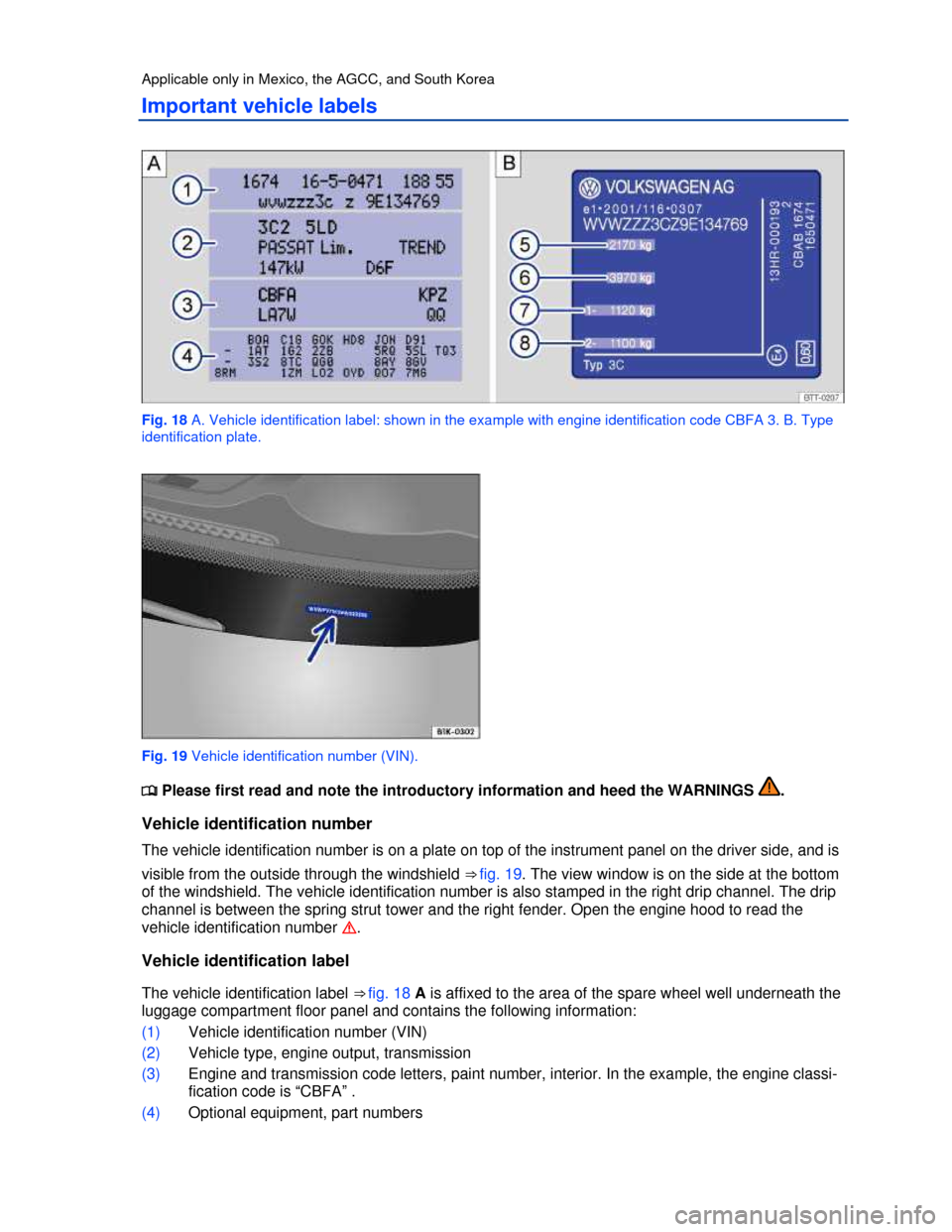 VOLKSWAGEN PASSAT 2013 B8 / 6.G Owners Manual  
Applicable only in Mexico, the AGCC, and South Korea 
Important vehicle labels 
 
Fig. 18 A. Vehicle identification label: shown in the example with engine identification code CBFA 3. B. Type 
ident