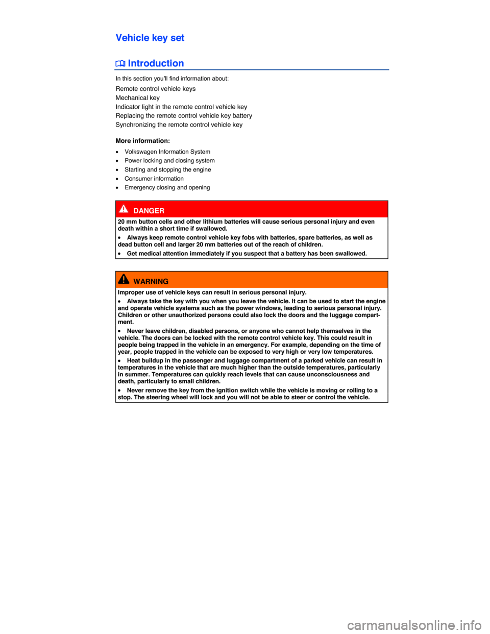 VOLKSWAGEN TIGUAN 2014 1.G Owners Manual  
Vehicle key set 
�