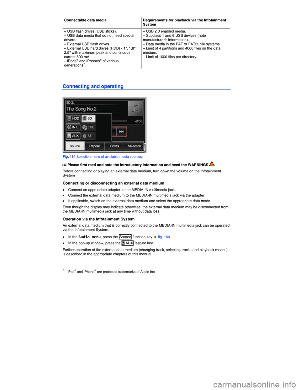VOLKSWAGEN TOUAREG 2014 2.G Owners Manual  
Connectable data media  Requirements for playback via the Infotainment System 
– USB flash drives (USB sticks). – USB data media that do not need special drivers. – External USB flash drives. 