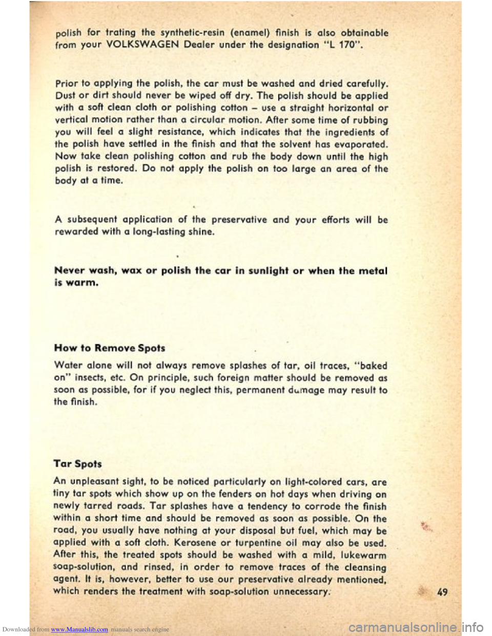 VOLKSWAGEN BEETLE 1960 1.G Owners Manual Downloaded from www.Manualslib.com manuals search engine   
