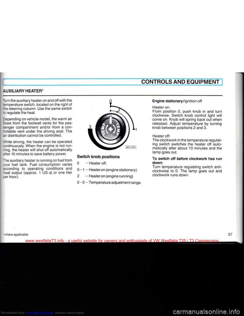 VOLKSWAGEN TRANSPORTER 1990 T4 / 4.G Owners Manual Downloaded from www.Manualslib.com manuals search engine
AUXILIARY HEATER*
CONTROLS AND EQUIPMENT
~jrn the auxiliary heater on and off with the :amperature switch, located on the right of
fee ste VOLKSWAGEN TRANSPORTER 1990 T4 / 4.G Owners Manual Downloaded from www.Manualslib.com manuals search engine
AUXILIARY HEATER*
CONTROLS AND EQUIPMENT
~jrn the auxiliary heater on and off with the :amperature switch, located on the right of
fee ste