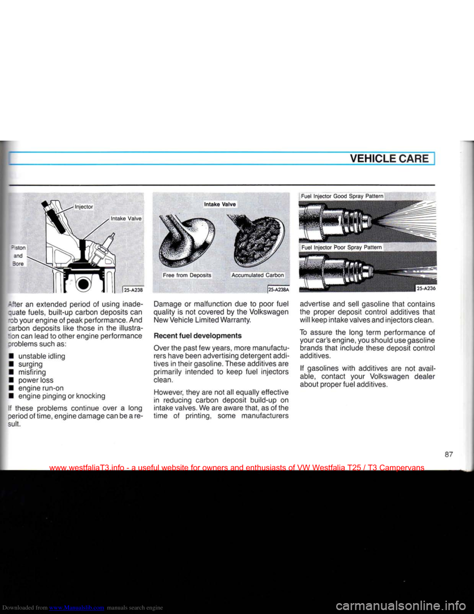 VOLKSWAGEN TRANSPORTER 1990 T4 / 4.G Owners Manual Downloaded from www.Manualslib.com manuals search engine
VEHICLE CARE
Injector
| |
Fuel
Injector
Good
Spray Pattern
Intake
Valve
-fter
an extended period of using inade- :uate fuels,
b VOLKSWAGEN TRANSPORTER 1990 T4 / 4.G Owners Manual Downloaded from www.Manualslib.com manuals search engine
VEHICLE CARE
Injector
| |
Fuel
Injector
Good
Spray Pattern
Intake
Valve
-fter
an extended period of using inade- :uate fuels,
b