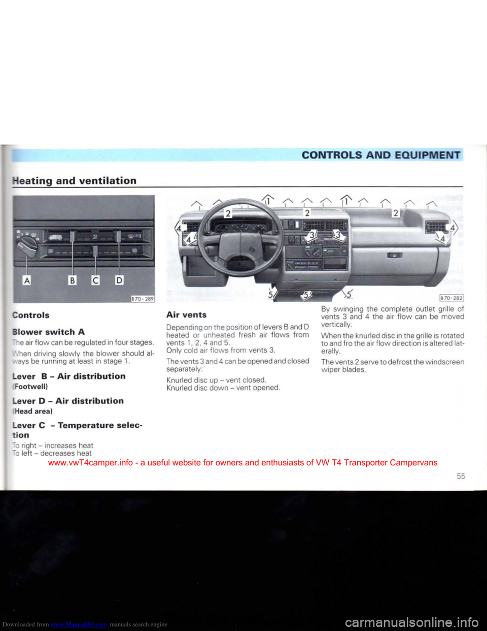 VOLKSWAGEN CARAVELLE 1992 T4 / 4.G Owners Manual Downloaded from www.Manualslib.com manuals search engine 
CONTROLS
 AND
 EQUIPMENT 

Heating
 and
 ventilation 

Controls 

Blower
 switch
 A 
~~e air flow can be regulated in four stages. 
 .hen
 dri