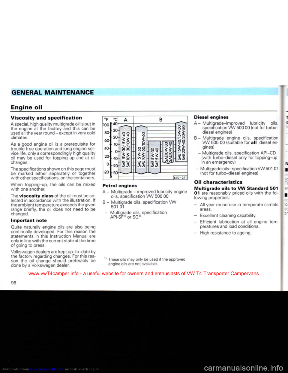 VOLKSWAGEN TRANSPORTER 1992 T4 / 4.G Owners Manual Downloaded from www.Manualslib.com manuals search engine 
GENERAL
 MAINTENANCE 
Engine oil 
 T 

Viscosity and
 specification 

A
 special,
 high quality multigrade oil is put in 
the engine at the fa