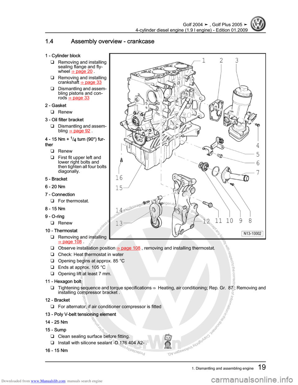 VOLKSWAGEN GOLF PLUS 2005 1K / 5.G Service Workshop Manual Downloaded from www.Manualslib.com manuals search engine Protected by copyright. Copying for private or commercial purposes, in partor in whole, is not permitted unless authorised by Volkswagen AG. Vo