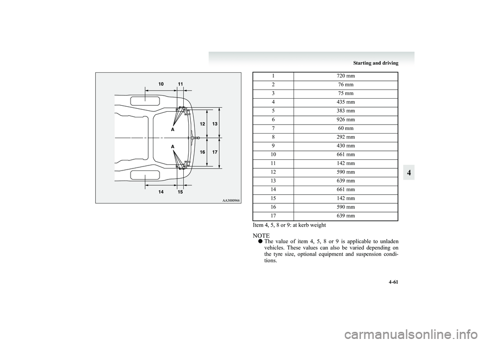 MITSUBISHI GRANDIS 2008  Owners Manual (in English) Starting and driving
4-61
4
Item 4, 5, 8 or 9: at kerb weightNOTE●The value of item 4, 5, 8 or 9 is applicable to unladen
vehicles. These values can also be varied depending on
the tyre size, option