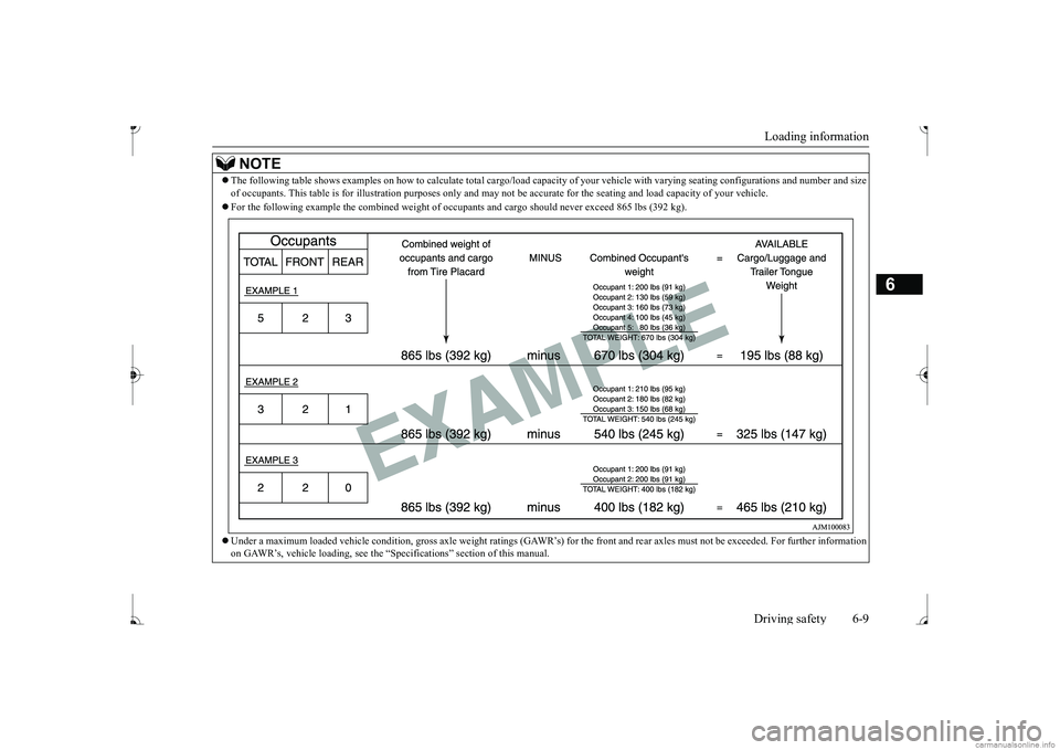MITSUBISHI MIRAGE G4 2017  Owners Manual (in English) Loading information Driving safety 6-9
6
NOTE
 The following table shows examples on how to
 calculate tota
l cargo/load capacity of your vehi
cle with varying seating configura
tions and number an