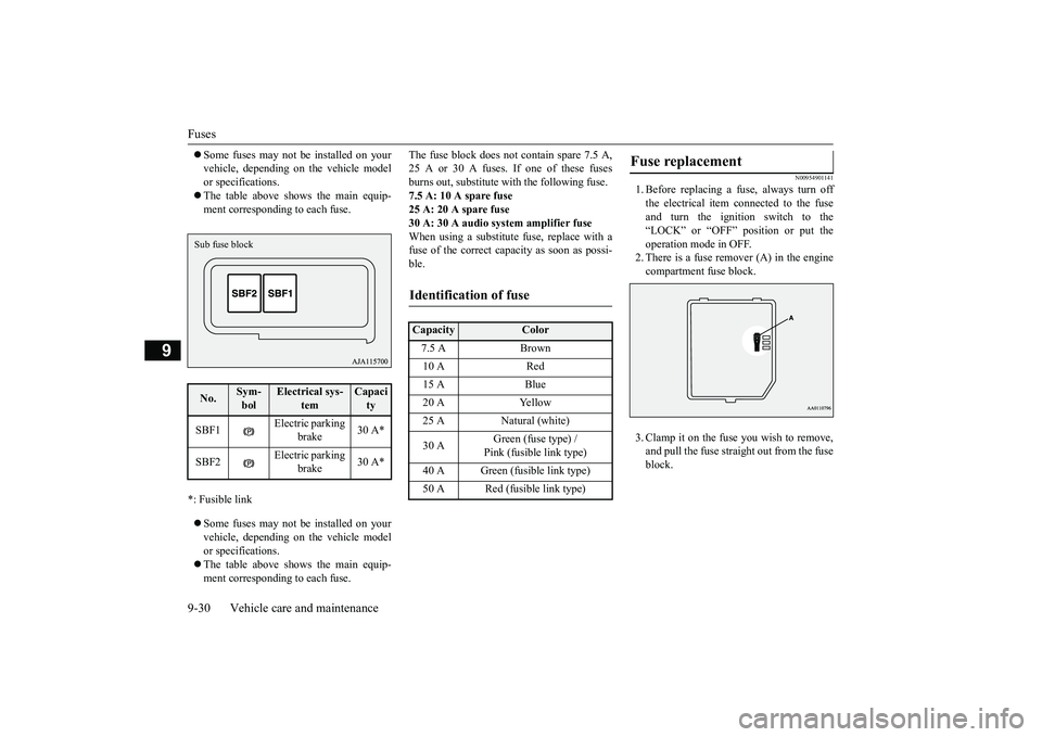 MITSUBISHI OUTLANDER 2018 Owners Manual (in English) Fuses9-30 Vehicle care and maintenance
9
Some fuses may not be installed on yourvehicle, depending on the vehicle modelor specifications.The table above shows the main equip-ment corresponding t MITSUBISHI OUTLANDER 2018 Owners Manual (in English) Fuses9-30 Vehicle care and maintenance
9
Some fuses may not be installed on yourvehicle, depending on the vehicle modelor specifications.The table above shows the main equip-ment corresponding t