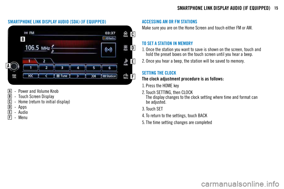 MITSUBISHI OUTLANDER SPORT 2018  Owners Manual (in English) 15SMARTPHONE LINK DISPLAY AUDIO (IF EQUIPPED)
A -  Power and Volume Knob
B -  Touch Screen Display
C -  Home (return to initial display)
D - Apps 
E - Audio 
F - Menu
SMARTPHONE LINK DISPLAY AUDIO (SD