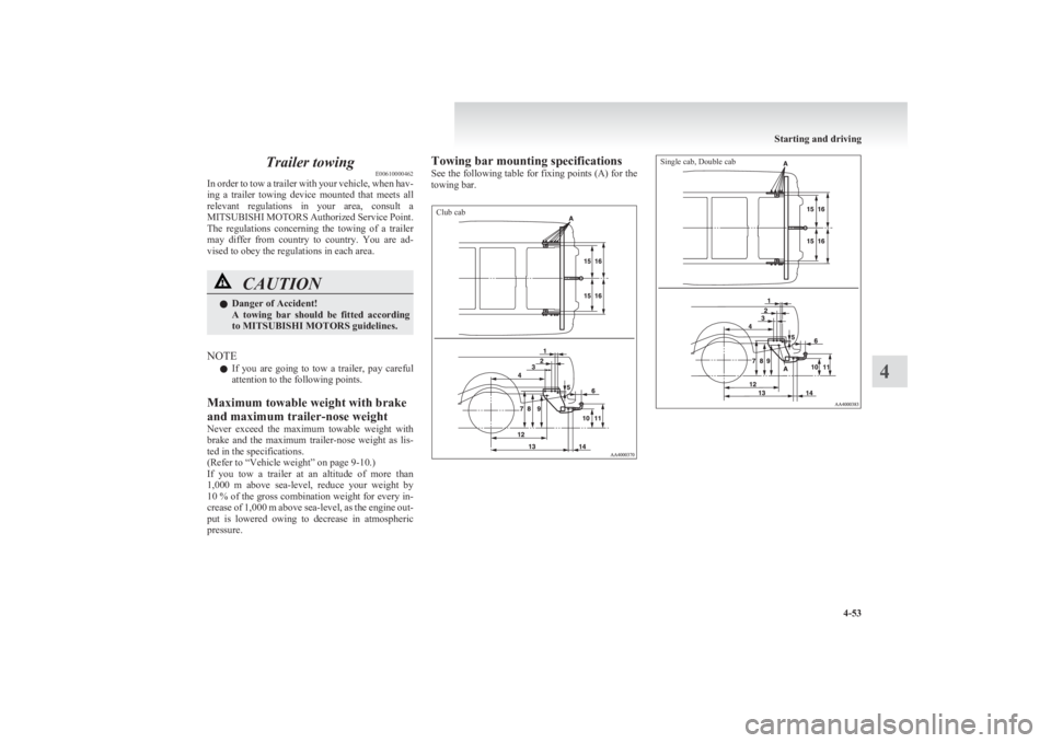 MITSUBISHI L200 2011 Owners Manual (in English) Trailer towingE00610000462
In order to tow a trailer with your vehicle, when hav-
ing a trailer towing device mounted that meets all
relevant regulations in your area, consult a
MITSUBIS MITSUBISHI L200 2011 Owners Manual (in English) Trailer towingE00610000462
In order to tow a trailer with your vehicle, when hav-
ing a trailer towing device mounted that meets all
relevant regulations in your area, consult a
MITSUBIS