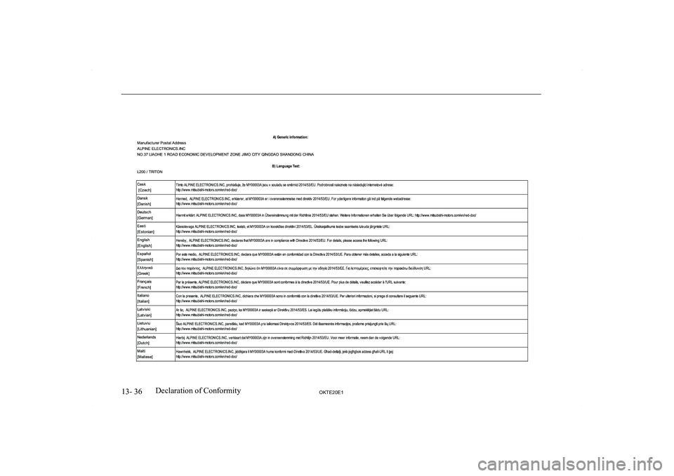 MITSUBISHI L200 2020  Owners Manual (in English) �1�3�-� �3�6�2�.�7�(�2�0�(�1�D�e�c�l�a�r�a�t�i�o�n� �o�f� �C�o�n�f�o�r�m�i�t�y  