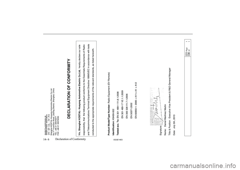 MITSUBISHI OUTLANDER PHEV 2014  Owners Manual (in English) 14- 6OGGE14E5Declaration of Conformity  Shanghai KOSTAL-Huayang Automotive Electric Co.Ltd  
No.77 YuanGao Road ,JiaDing District, Shanghai, China 
TEL: +86 21 59570077 
FAX: +86 21 59578294 
 
 
฀