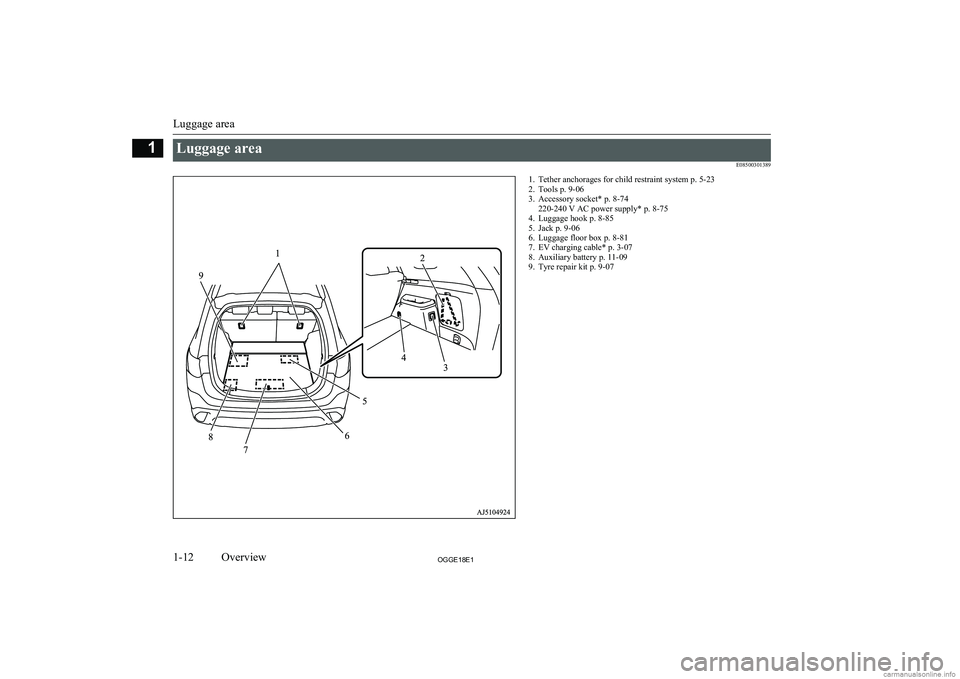 MITSUBISHI OUTLANDER PHEV 2018  Owners Manual (in English) Luggage areaE085003013891. Tether anchorages for child restraint system p. 5-23
2. Tools p. 9-06
3. Accessory socket* p. 8-74 220-240 V AC power supply* p. 8-75
4. Luggage hook p. 8-85
5. Jack p. 9-06