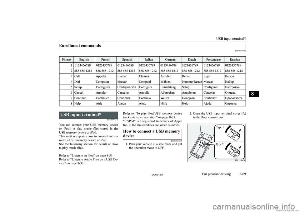 MITSUBISHI OUTLANDER PHEV 2018  Owners Manual (in English) Enrollment commands
E00732401480
 
USB input terminal*E00761901373
You  can  connect  your  USB  memory  device or  iPod*  to  play  music  files  stored  in  the USB memory device or iPod.
This  sect