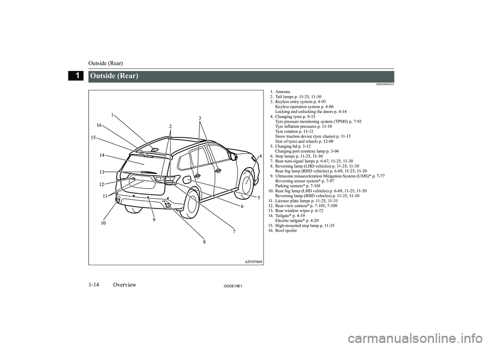MITSUBISHI OUTLANDER PHEV 2019  Owners Manual (in English) �O�u�t�s�i�d�e� �(�R�e�a�r�)�E�0�8�5�0�0�4�0�2�9�1�2�1�. �A�n�t�e�n�n�a�2�. �T�a�i�l� �l�a�m�p�s� �p�.� �1�1�-�2�5�,� �1�1�-�3�0
�3�. �K�e�y�l�e�s�s� �e�n�t�r�y� �s�y�s�t�e�m� �p�.� �4�-�0�3 �K�e�y�l�